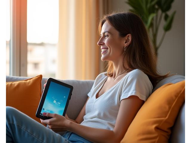 Mujer 40+ relajada, empezando un nuevo hábito con una tablet