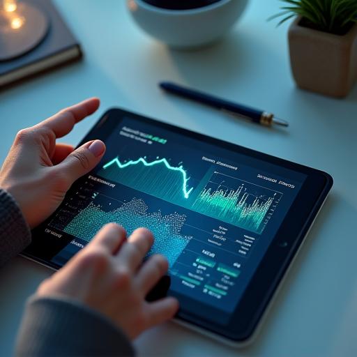 Persona de mediana edad interactuando con una interfaz digital que muestra gráficos de bienestar, simbolizando autoconocimiento