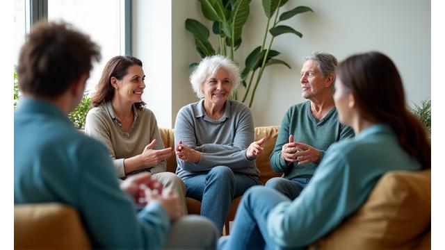 Grupo de personas conversando en círculo, simbolizando apoyo y comunidad