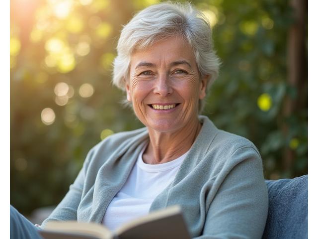 Mujer sonriente y relajada leyendo en un jardín, simbolizando paz mental y bienestar emocional