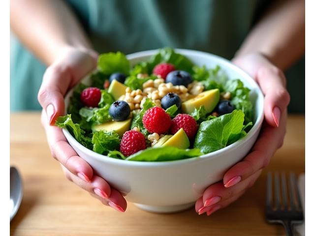 Mujer adulta disfrutando de una ensalada fresca