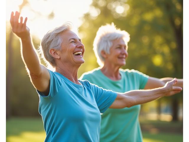 Pareja adulta haciendo estiramientos suaves al aire libre