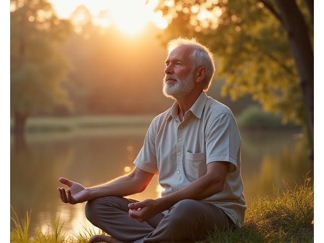 Hombre mayor meditando tranquilamente en un entorno natural