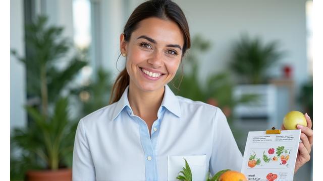 Nutricionista sonriente explicando un gráfico de alimentos saludables