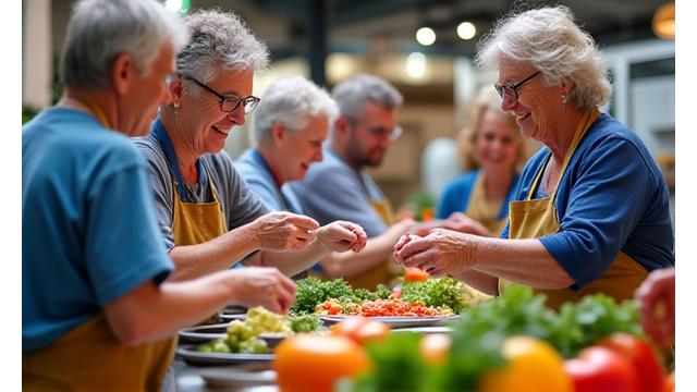 Grupo de personas aprendiendo a cocinar platos saludables en un moderno taller de cocina en Valencia