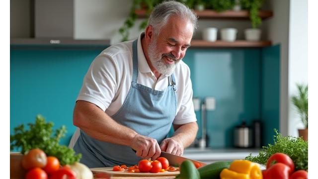 Pablo Ruiz cocinando una comida saludable con vegetales frescos en su cocina