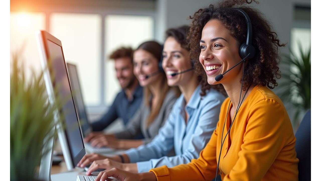 Un grupo de personas sonrientes, parte del equipo de Travesía Plena, atendiendo consultas de forma amable y eficiente en un entorno luminoso y moderno, transmitiendo accesibilidad y soporte.