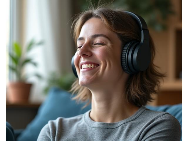 Persona escuchando audio con auriculares en un ambiente tranquilo