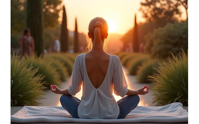 Mujer meditando serenamente en un jardín de la Ciudad de las Artes y las Ciencias en Valencia al atardecer