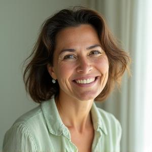 Elena Navarro, instructora de MBCT, con una pose pensativa y cálida