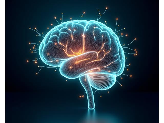 Cerebro humano estilizado con conexiones neuronales iluminadas, superpuesto con gráficos de bienestar