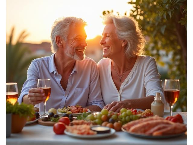 Fotografía de una pareja de 45+ años antes y después de adoptar un plan nutricional mediterráneo personalizado, destacando su vitalidad y disfrute de la cocina valenciana.