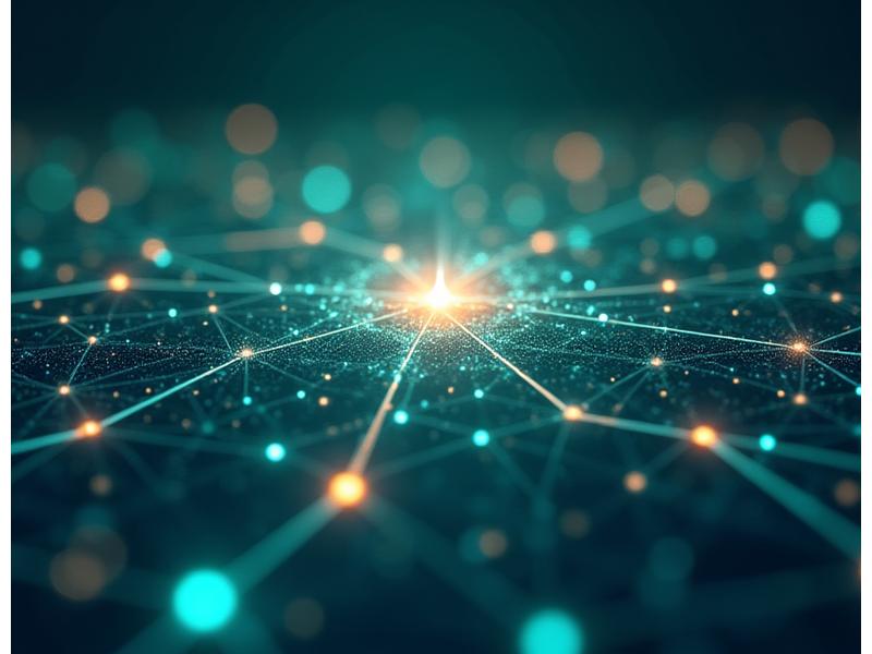 Ilustración de un algoritmo de inteligencia artificial trabajando con datos de bienestar, representado por nodos interconectados y flujos de información.