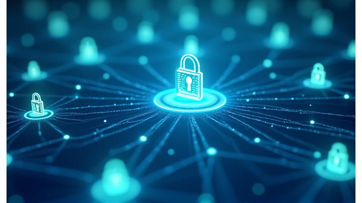 Esferas de datos interconectadas protegidas por un candado digital, simbolizando la seguridad en la compartición de información con terceros.