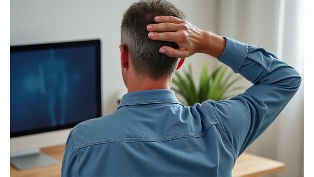 Persona adulta estirando en una silla de oficina, representando ejercicios para contrarrestar horas de escritorio.