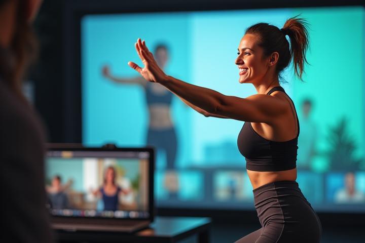 Entrenadora carismática guiando una clase virtual de fitness para adultos en una pantalla grande, con participantes en casa.