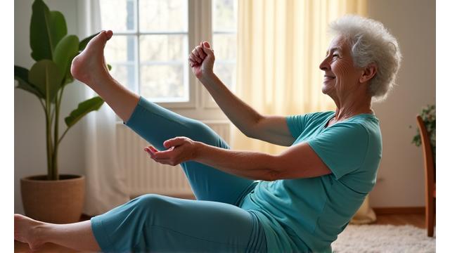 Mujer mayor realizando un estiramiento suave para mejorar la movilidad, en un ambiente sereno.