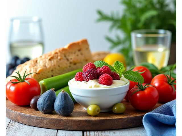 Mesa vibrante con alimentos mediterráneos frescos y nutritivos, ideal para pre y post-entrenamiento.