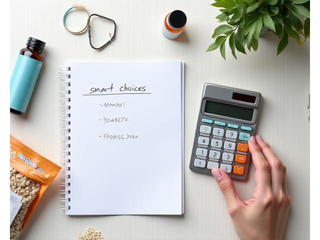 Manos sujetando una calculadora junto a productos de bienestar de diferentes precios, simbolizando ahorros e inteligencia en las compras