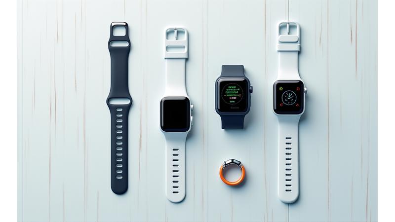 Variedad de wearables deportivos y de salud en una mesa, mostrando diferentes marcas y diseños