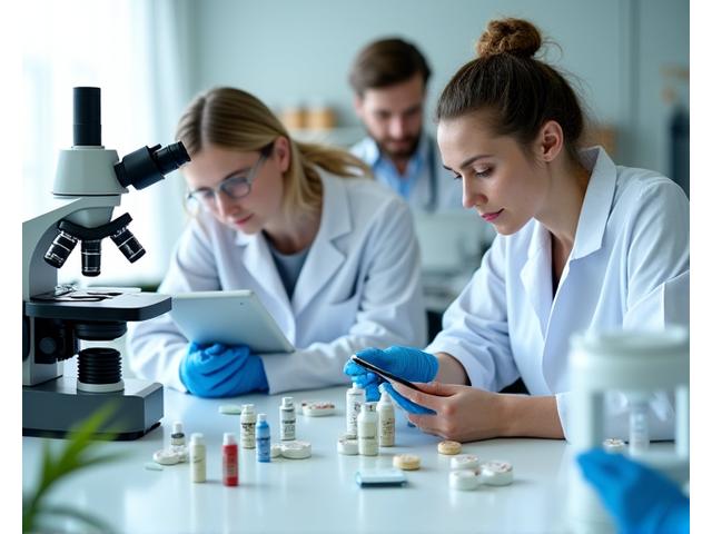 Equipo de expertos de Travesía Plena evaluando productos de bienestar con microscopios y tablas de datos.