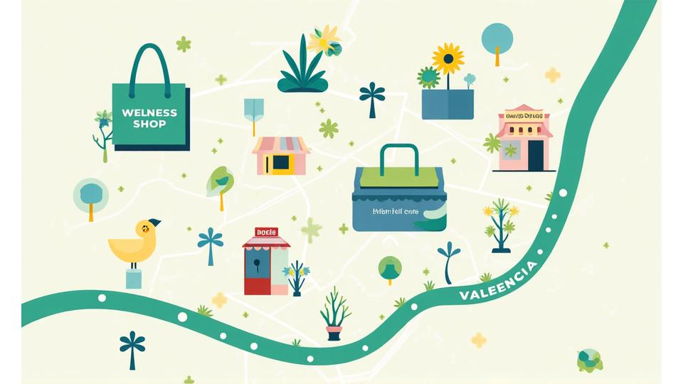 Mapa estilizado de Valencia con iconos de tiendas de bienestar marcadas y rutas. Diseño limpio y moderno.