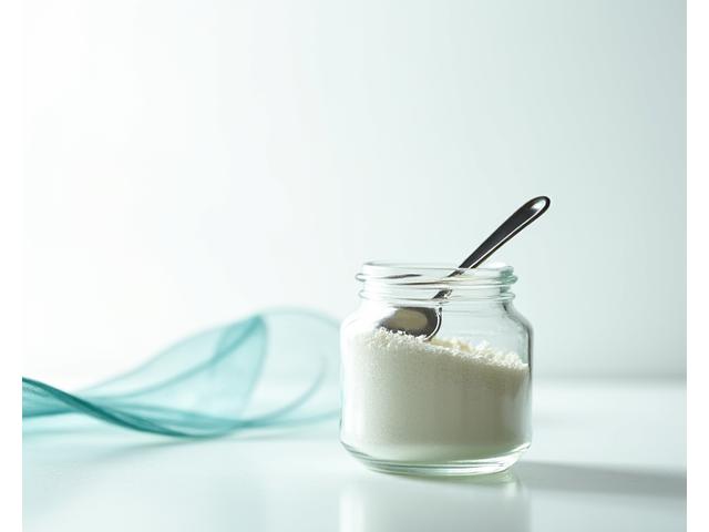 Polvo de colágeno hidrolizado en un tarro de cristal con una cuchara medidora