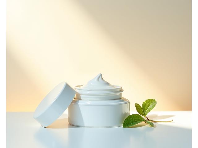 Crema facial antiedad en un envase elegante sobre una superficie de madera