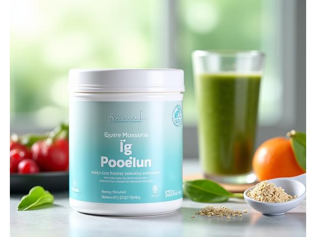 Bote de proteína vegetal en polvo con frutas y batidos en el fondo