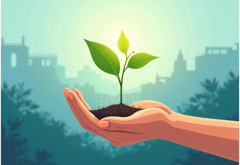 Ilustración de una persona plantando un árbol con raíces que representan el crecimiento y la evolución de Travesía Plena, con un fondo sutil de la ciudad de Valencia.