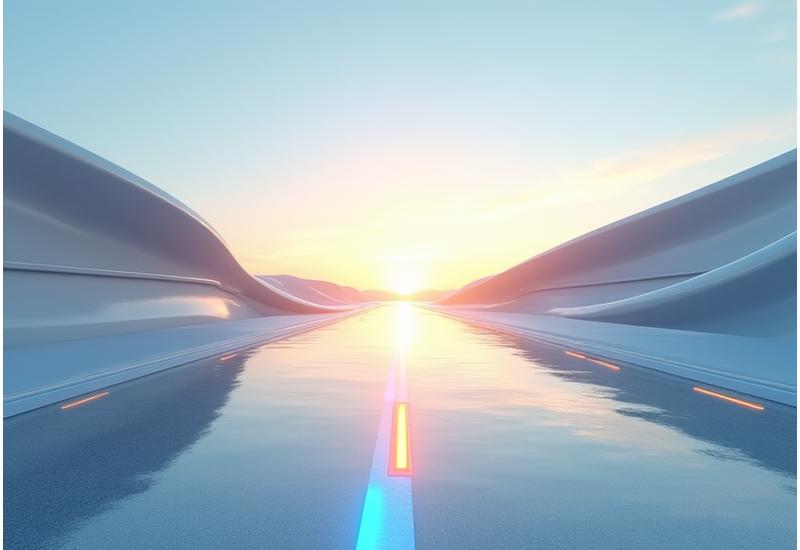 Una carretera futurista que se extiende hacia el horizonte con marcadores de hitos digitales, simbolizando el roadmap de Travesía Plena, con elementos sutiles de la arquitectura de la Ciudad de las Artes y las Ciencias al fondo.