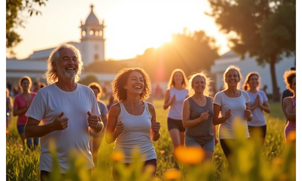 Diversas personas de diferentes edades y etnias riendo y participando en una actividad de bienestar al aire libre en un parque, con elementos que sugieren una comunidad valenciana como la Ciudad de las Artes y las Ciencias a lo lejos.