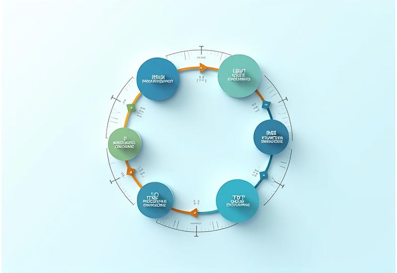 Infografía digital mostrando un flujo de proceso circular con iconos que representan ciencia, personalización, comunidad y mejora continua, con un estilo moderno y colores de la marca.