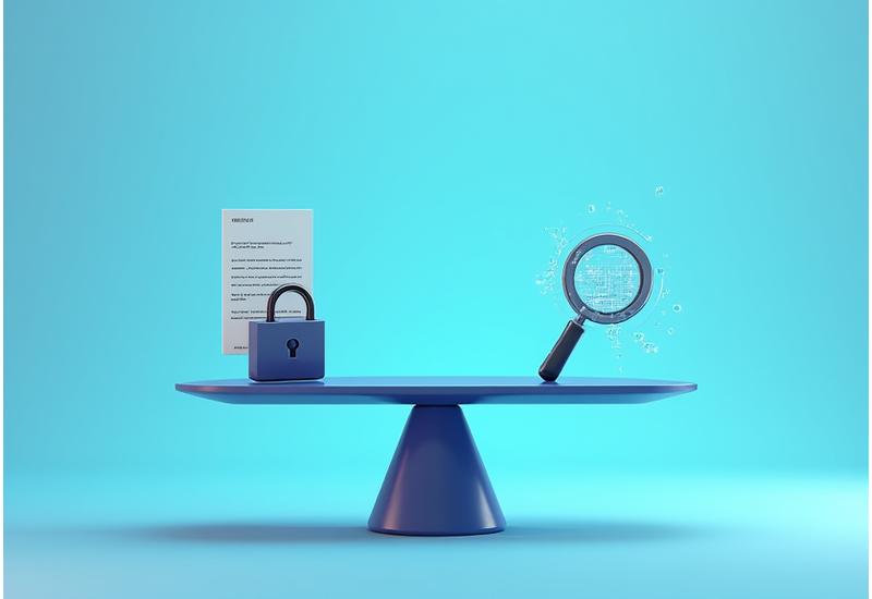 Una imagen conceptual de un balanza en equilibrio digital, con un candado y un documento, simbolizando la transparencia, seguridad de datos y honestidad en los negocios de Travesía Plena.