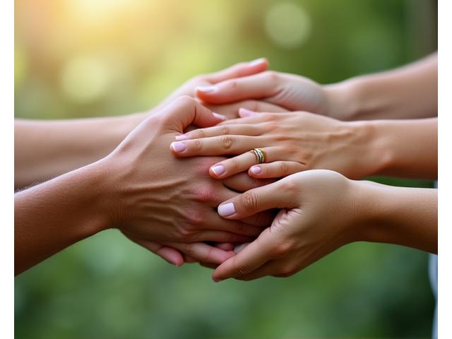 Múltiples manos de diversas edades y géneros se apilan suavemente en un gesto de apoyo y comunidad, simbolizando el crecimiento personal y el trabajo en equipo.