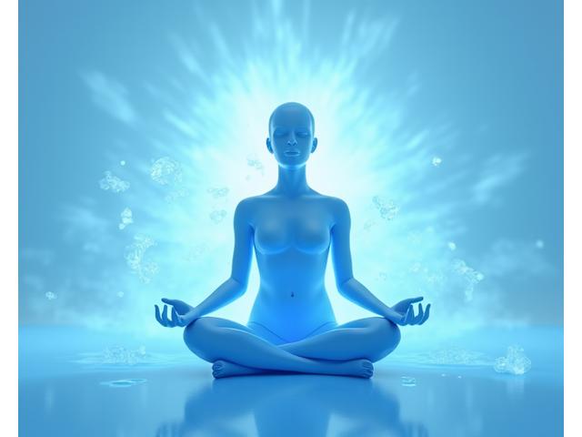 Una persona tranquilamente sentada con una expresión serena, rodeada de formas abstractas y líneas fluidas que evocan calma y la disolución del estrés.