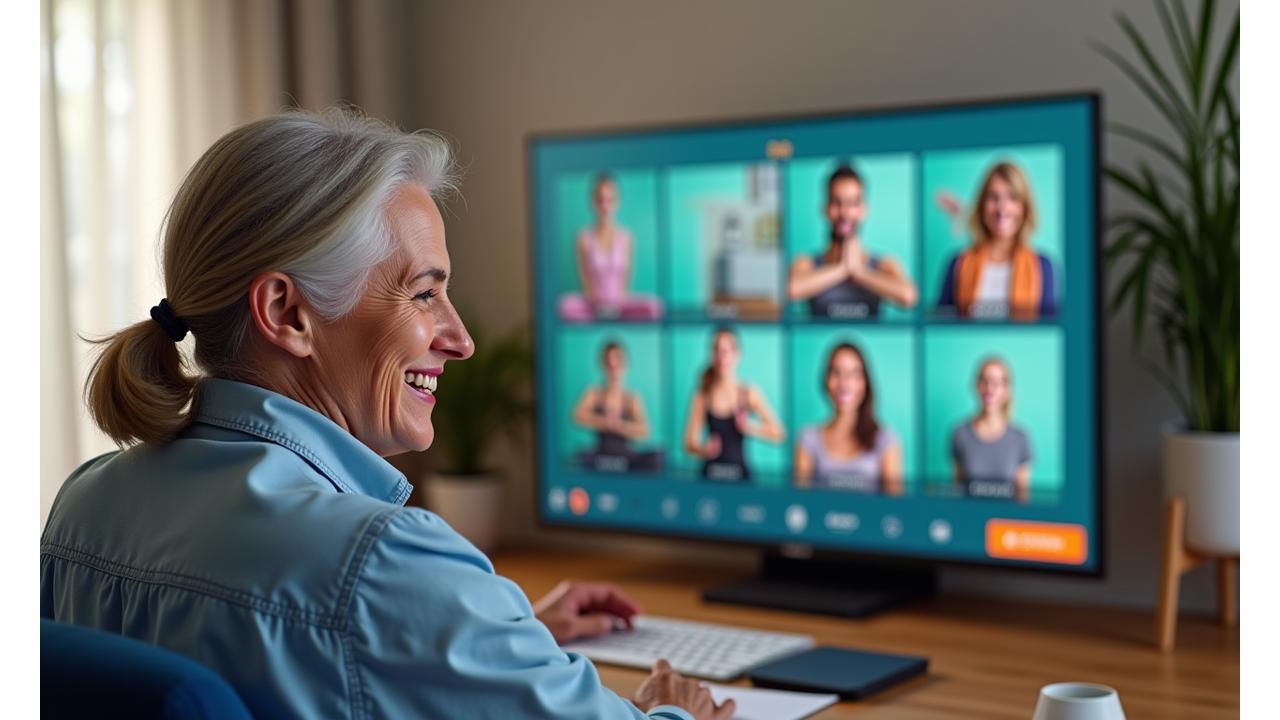 Participantes interactuando animadamente en un taller virtual de bienestar, con un instructor sonriente en pantalla y otros participantes visibles en una cuadrícula virtual.