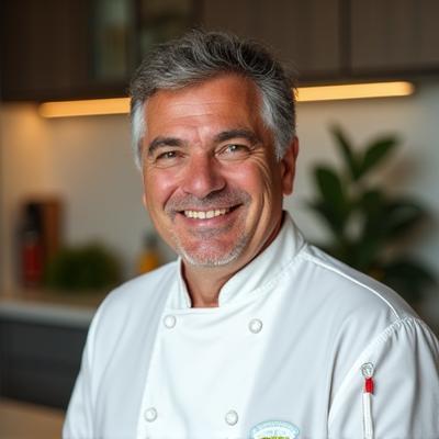 Retrato profesional del Chef Ricardo Gómez, un hombre de unos 50 años con una mirada cálida y vestimenta de chef, transmitiendo experiencia y pasión por la cocina saludable.