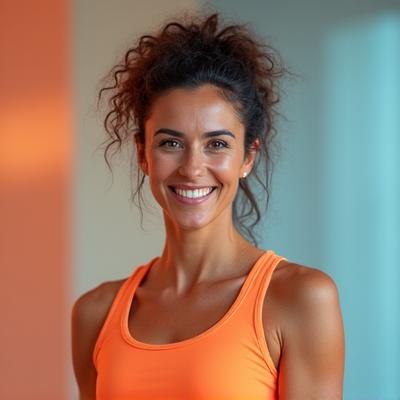 Retrato profesional de la Entrenadora Sofía Martín, una mujer de unos 30 años en ropa deportiva, con una energía positiva y un físico atlético, irradiando motivación y fuerza.