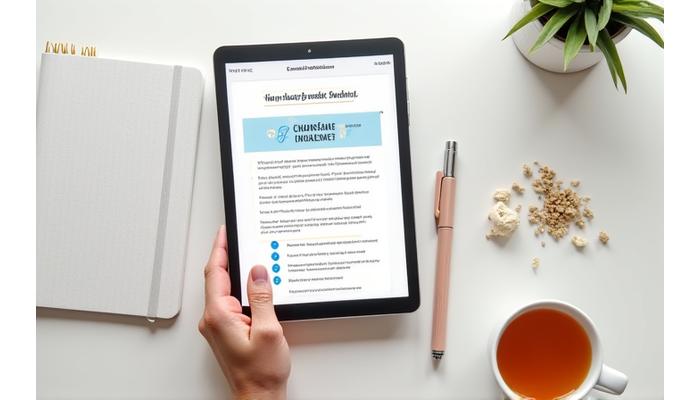 Una mano sosteniendo una tableta con un workbook digital abierto, mostrando gráficos limpios y listas de verificación, junto a una taza de té y un cuaderno físico.