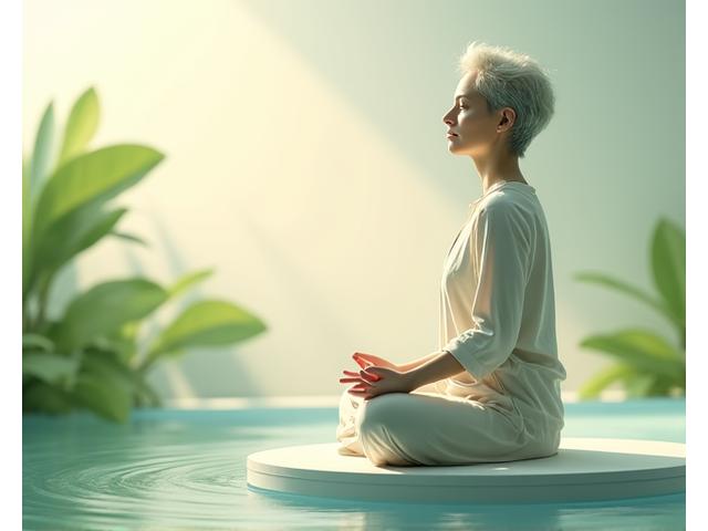 Una persona en una pose de meditación serena, rodeada de luz suave y naturaleza estilizada, simbolizando paz y atención plena.