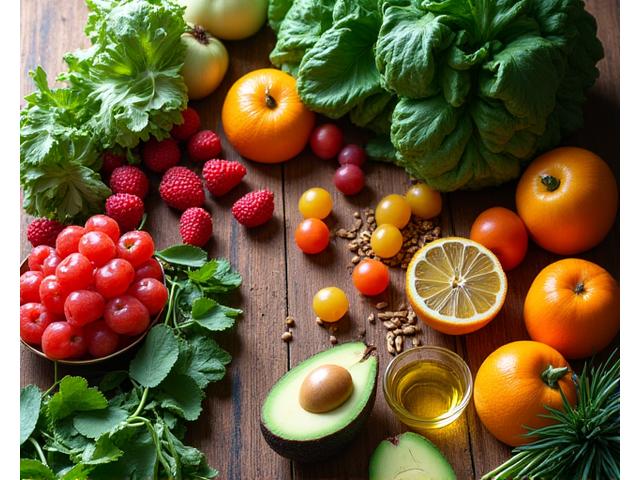 Una mesa de cocina bellamente presentada con ingredientes frescos y vibrantes: frutas coloridas, verduras de hoja verde y hierbas, que simbolizan la nutrición consciente.