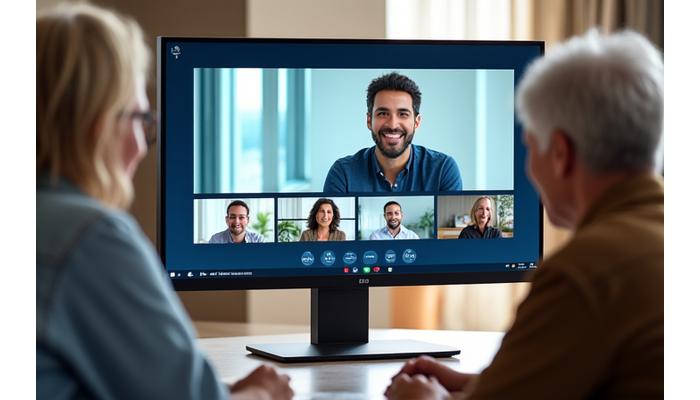 Vista de una pantalla de videollamada de Zoom con un instructor sonriente proyectando diapositivas claras y participantes activos en la vista de cuadrícula, todos participando en un taller interactivo.
