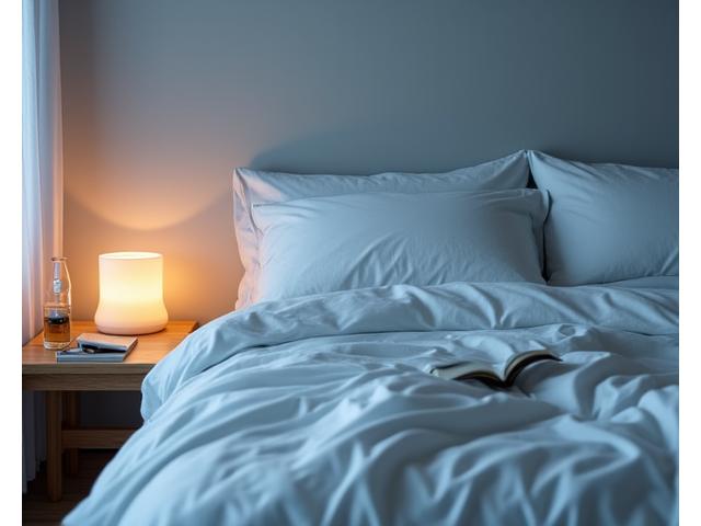 Un dormitorio acogedor y sereno con luz tenue, cama impecable y elementos que evocan tranquilidad, como una vela aromática y un libro, promoviendo el sueño reparador.